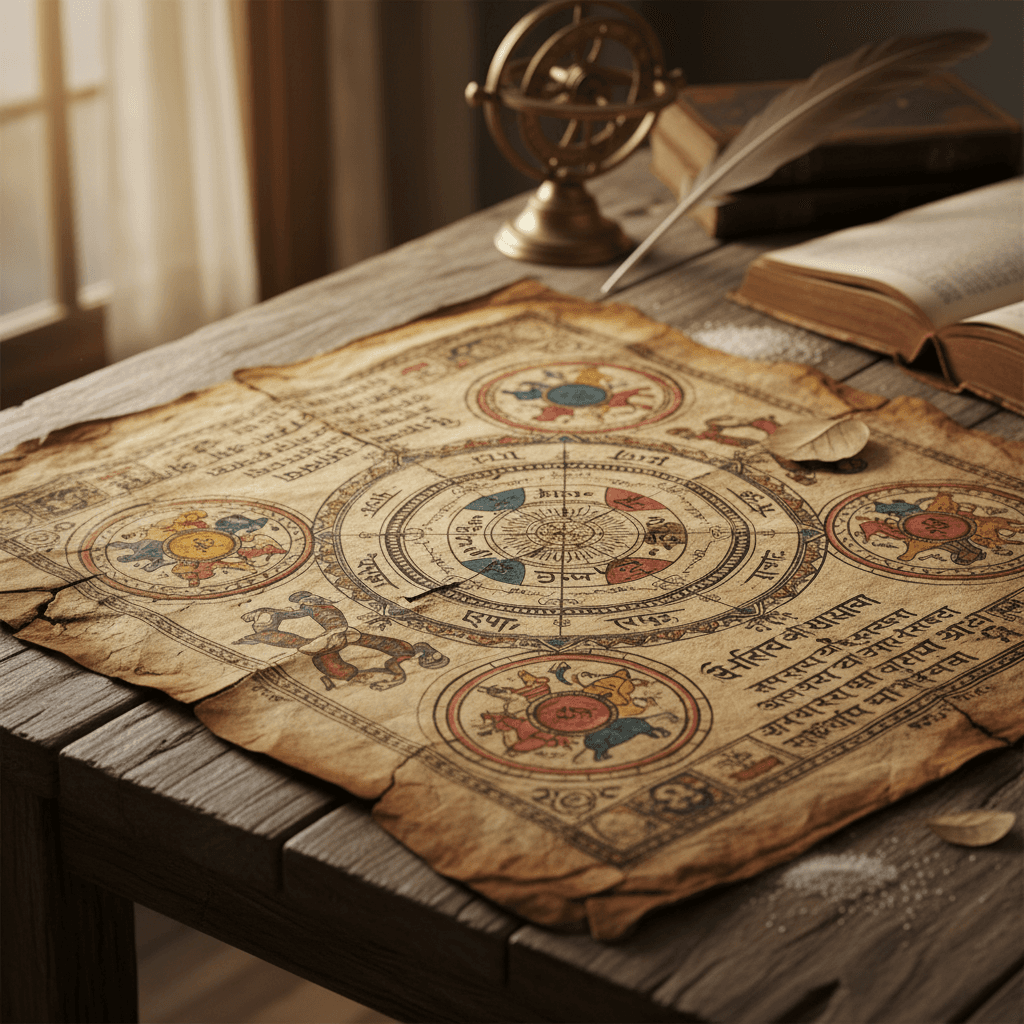 Ancient Sanskrit manuscript with Vedic astrology symbols and planetary diagrams on aged parchment