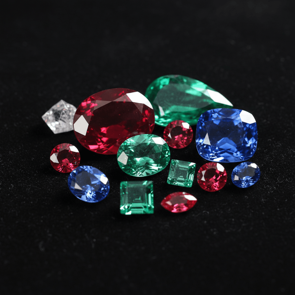 Collection of colorful gemstones including ruby, emerald, and sapphire used in Vedic astrology remedies