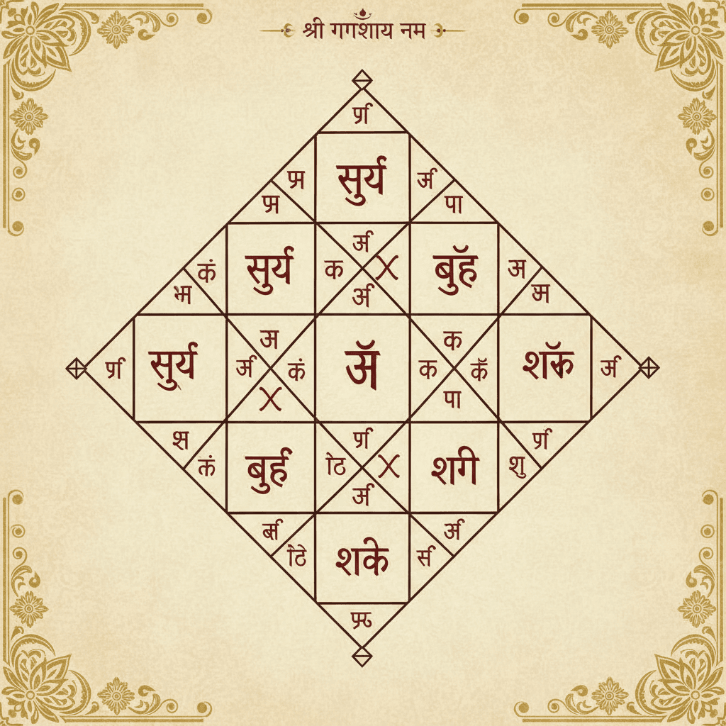 Vedic astrology birth chart wheel with Sanskrit symbols and planetary positions