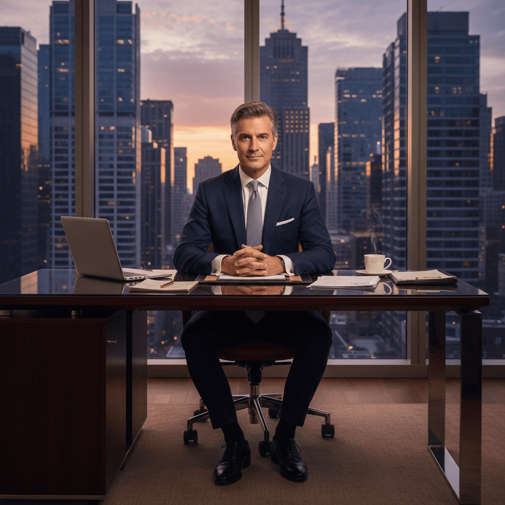 Corporate business executive at modern office desk with city skyline, professional career environment