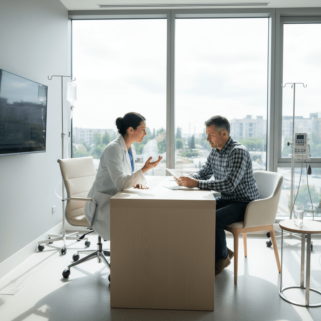 Healthcare professional in white coat consulting with patient in modern clinic
