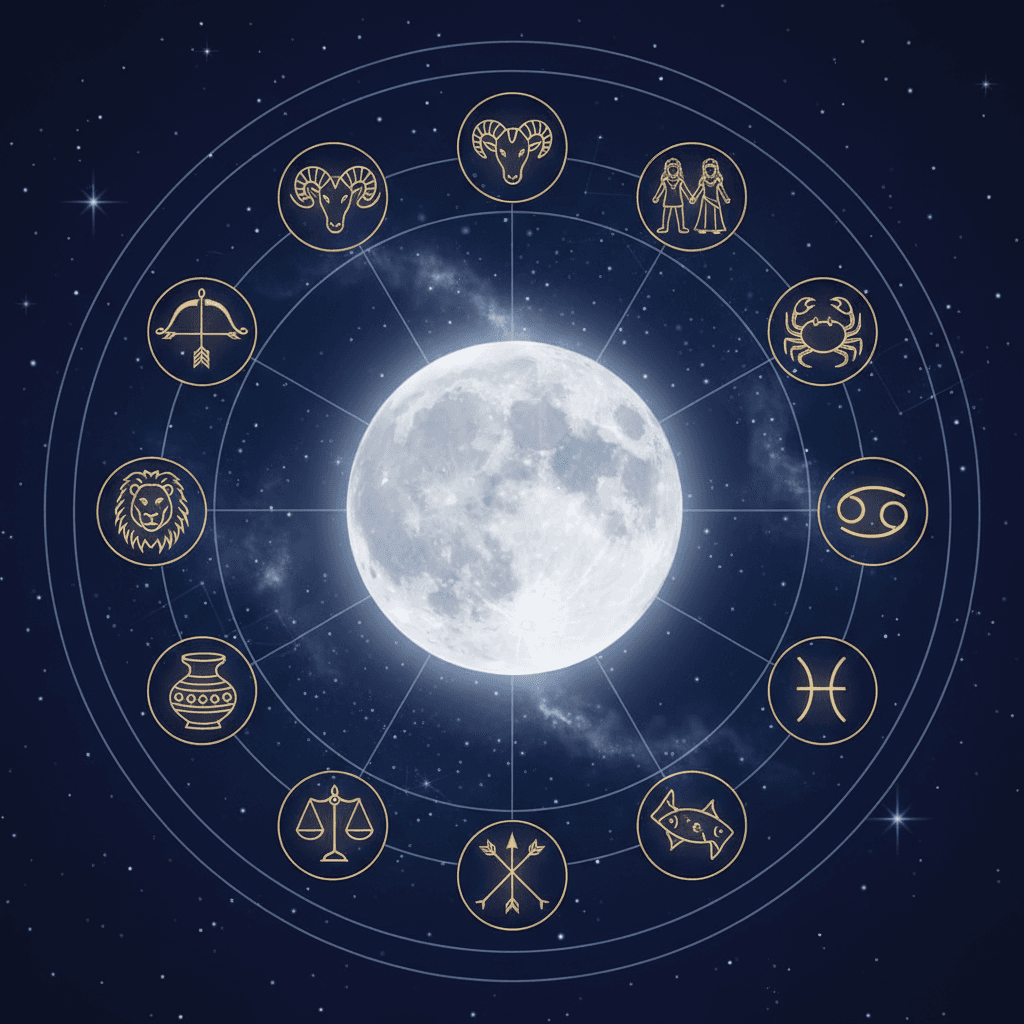 Full moon glowing in a night sky representing Moon signs in Vedic astrology
