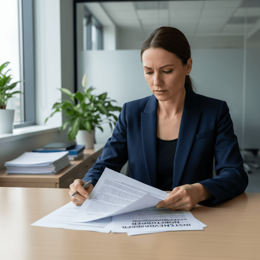 Professional businessman in navy suit reviewing documents at modern office desk