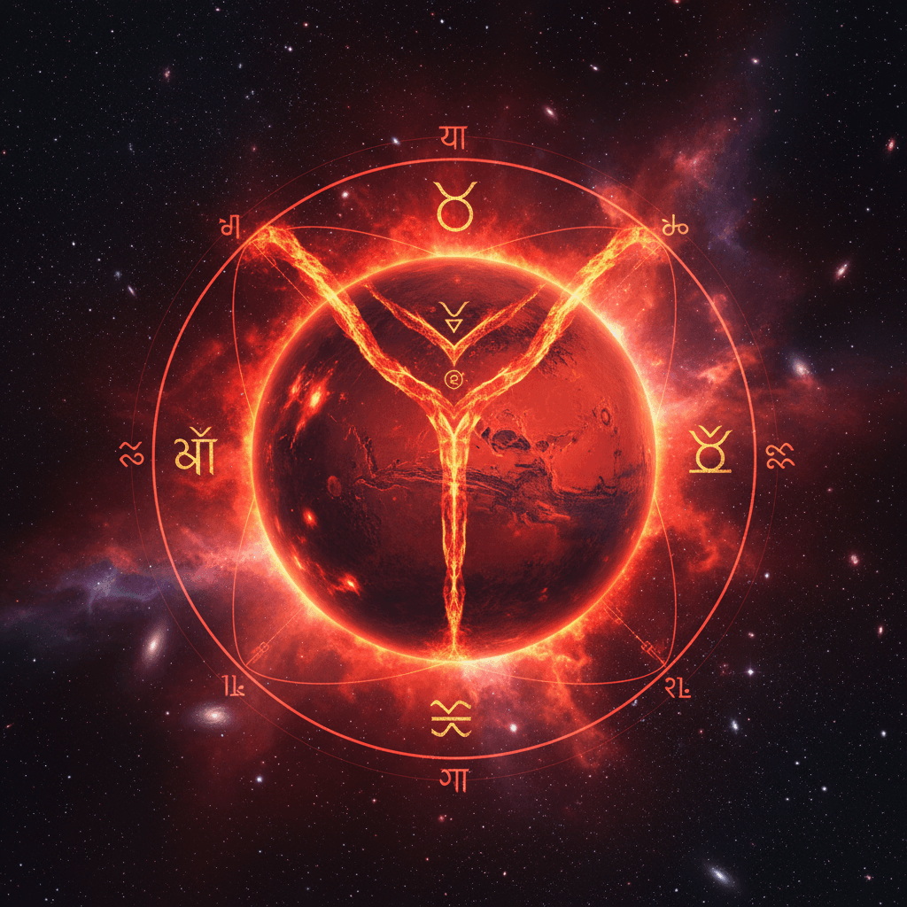 Planet Mars glowing red in space representing Mangal Dosha in Vedic astrology